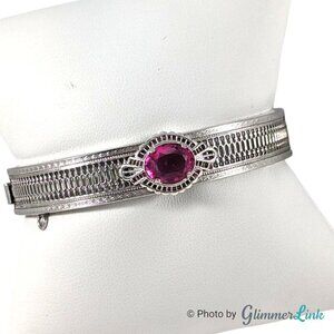 VTG 30s Romar Quality Pink Oval Stone Rhodium Plated Filigree Hinged Bracelet